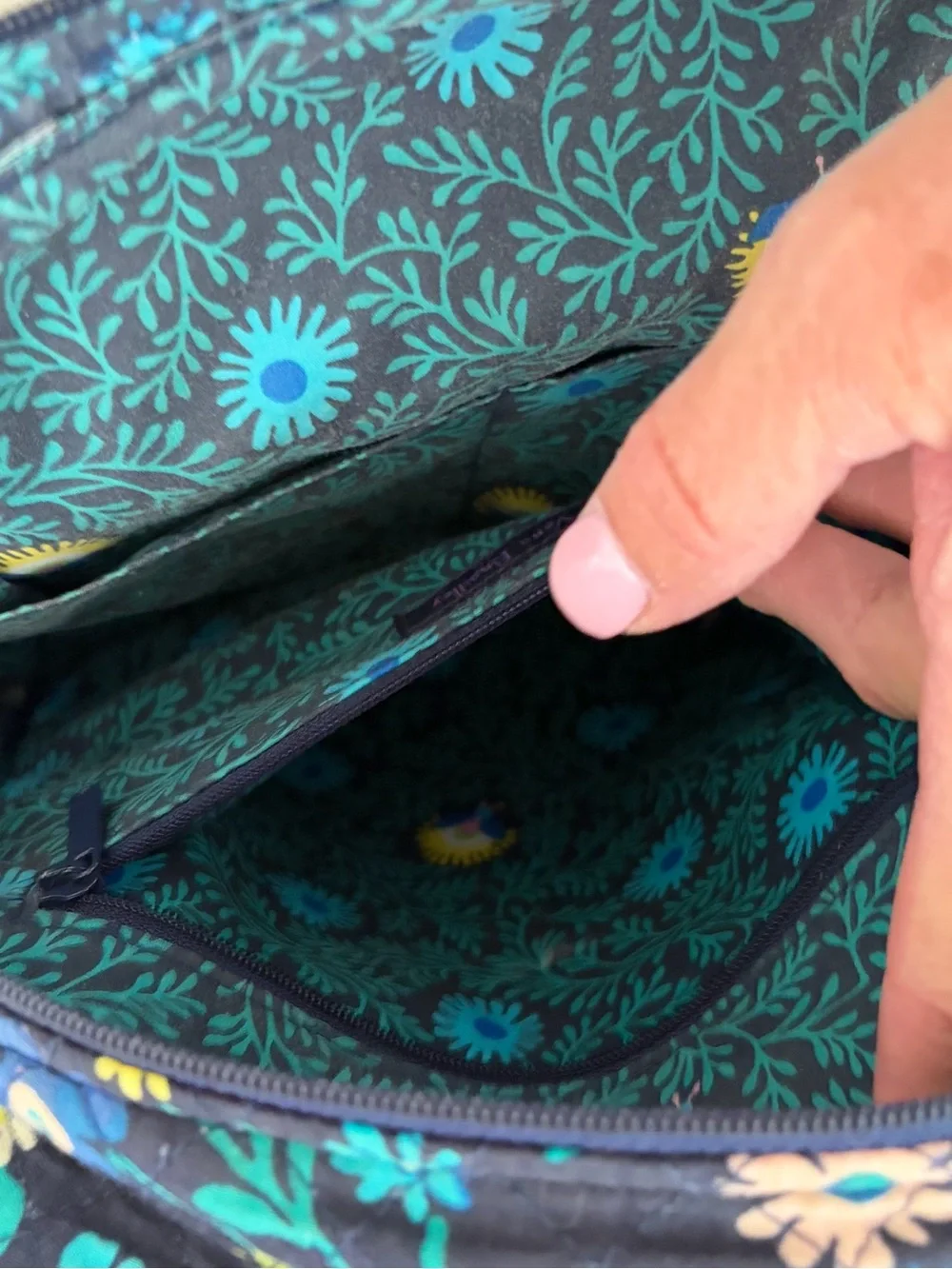 Vera Bradley Black Floral Mini Backpack with Teal, Yellow and White Flowers